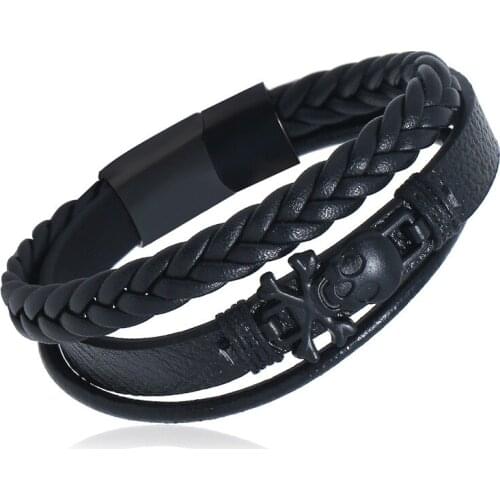 New Style Black Stainless Steel Magnet Buckle Leather Bracelet Skull Woven Bracelet Mens Jewelry Wholesale