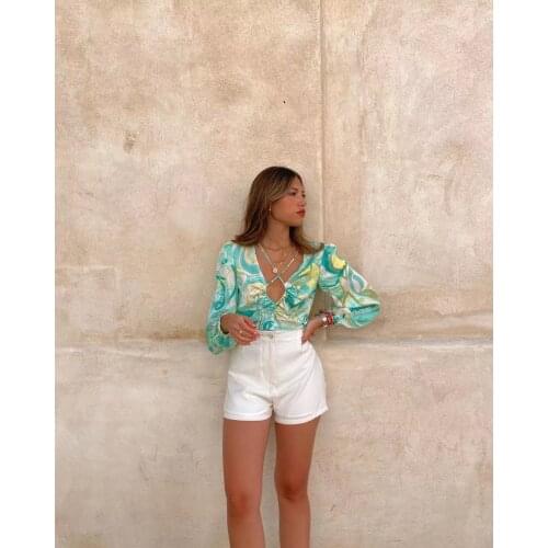 Summer women Fashion Streetwear Print Drawstring V-Neck Shirts female Casual Long Sleeve sexy Chic short Shirts Ladies Tops