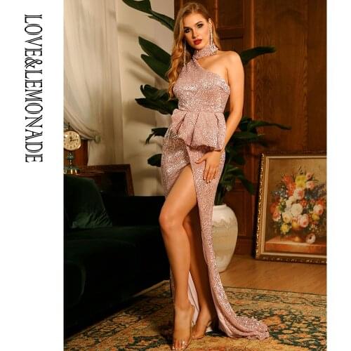 LOVE&LEMONADE LOVE&LEMONADE Sexy Halter Whit Split Flounce Gold Elastic Sequin Maxi Dress LM81953
