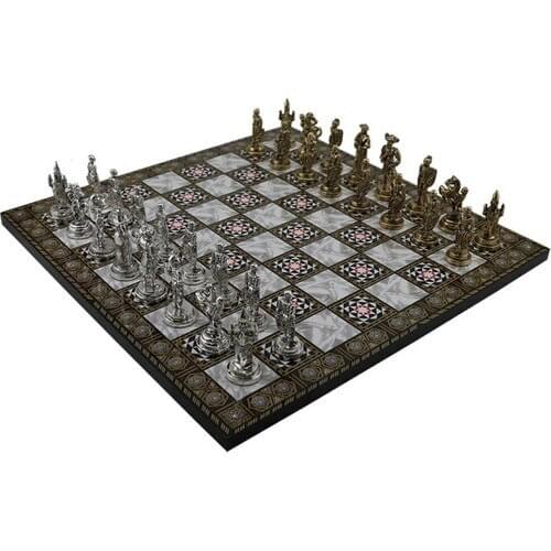 Medium Metal Spanish Soldiers Chess Set Glossy and Pearlescent Patterned Mdf Wood Board 37 x 37 cm Queens Gambit Chess Set