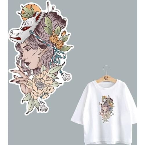 Thermal Retro Beautiful Flower Girl Patches Heat Transfer Patch Stripe Iron on Transfers For Clothing Stickers for Clothes Decor