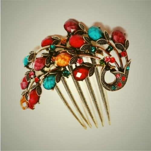 Top Quality 5 Color Resin Crystal Beautiful Peacock Hair Combs Wedding Hair Jewelry Retro Gold Color Hairpin For Women Girl Gift