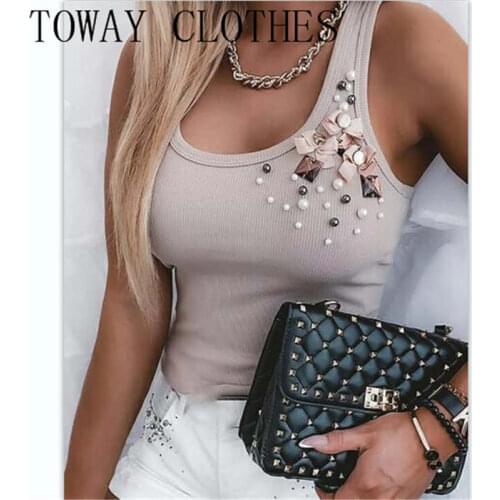 U-Neck Sleeveless Bowknot Decor Beaded Casual Tank Top Casual Summer Crop Top For Women 2021