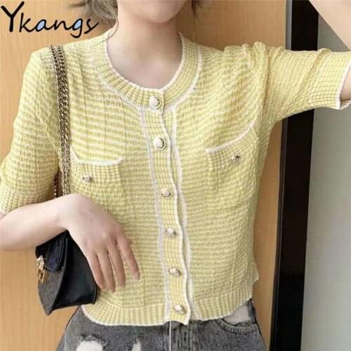 Sweet Vintage Elegant Knitted Cardigan Sweater Women Short Sleeve O-neck Single Breasted Tops High Street Sweater Outwear Shirt