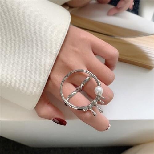 SRCOI Trendy Geometric Exaggerated Irregular Circle Metal Imitation Pearl Ring Temperament Double Ring Opening Women Jewelry