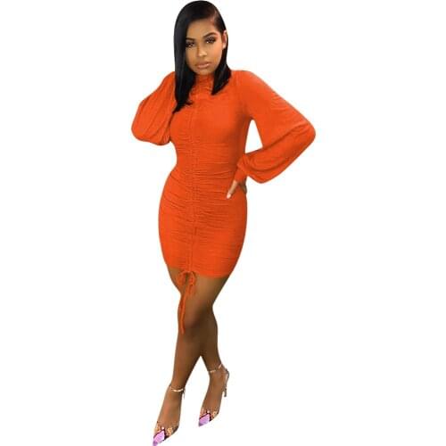S-XL Womens Sexy Long Sleeve High Neck Ruched Bodycon Mini Party Dress