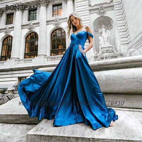 Blue Evening Dress Long 2021 A Line Off-The-Shoulder Backless V Neck Corset Satin Formal Evening Gown for Women