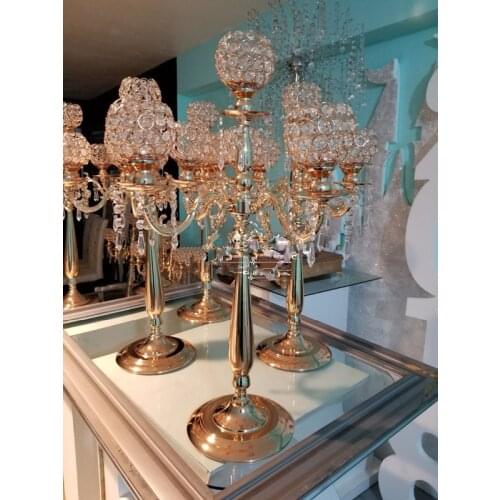 12pcs )New style Acrylic 5-arms metal candelabras with crystal pendants wedding candle holder centerpiece party decor senyu0779