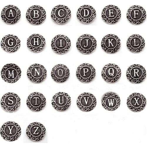 26pcs/lot Metal Mix A-Z Alphabet Snap Buttons fit 18mm Ginger Button Snap Bracelet&Bangles Letters DIY Snap Jewelry Charms