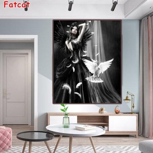 Full Square Round Diamond Painting Angels And Demon,DIY Diamond Embroidery Mosaic Darkness Pigeon Woman Cross Stitch PP2255