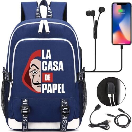 La Casa De Papel Money Heist House of Paper Teenager USB Charging Laptop Backpack Women Men Rucksack Bag Mochila Travel Bag