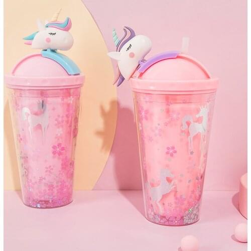 Water Cup Rainbow Unicorn Cute Creative Summer Crushed Ice Cup Double Refrigeration Colorful Plastic Straw Cup Drinking Cup
