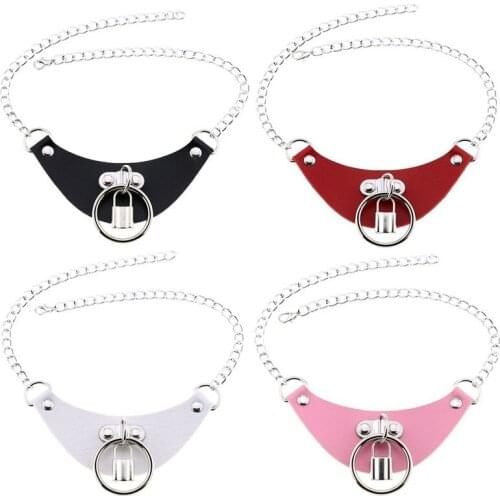Decopunk Sexy Joker Retro Punk Rock Lock Circle Pendant Gothic Necklace PU Leather Collar Choker Necklace Body Neck Jewelry