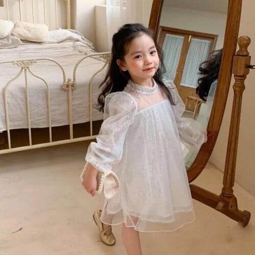 White Sequins Long Sleeve Baby Spring Summer Girls Dress Kids Teenagers Children Clothes Outwear Special Occasion High Quality