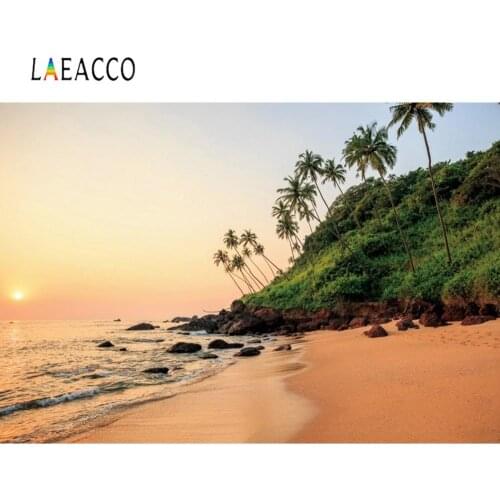 Laeacco Sea Backgrounds Summer Sunset Dusk Beach Sand Tropical Palms Tree Photo Background Photography Backdrop For Photo Studio