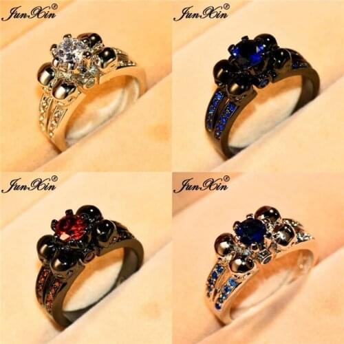 JUNXIN Punk Multicolor Crystal Skull Rings For Men Women White Gold Black Gold Filled White Blue Zircon Wedding Ring Male Female