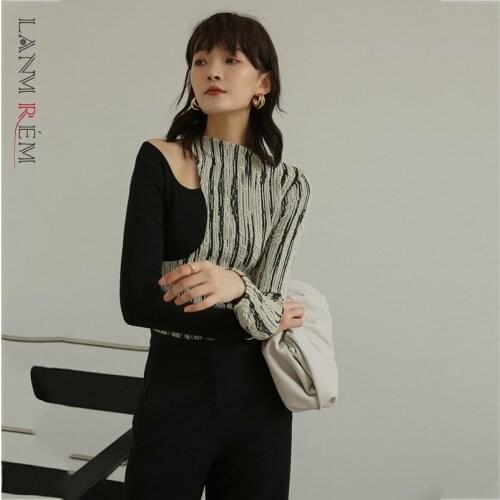 LANMREM Women Black Short Stripes T-shirt Stand Collar Long Sleeve Hollow Out Fashion Tide Autumn 2021 New Arrivals 2P2584