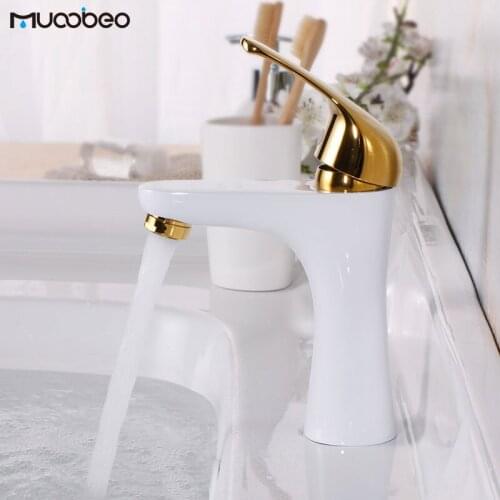 Brass Bathroom Basin Faucet Single Handle Lavatory Mixer Tap White Golden