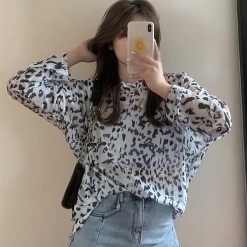 Summer Thin Leopard Print Sunscreen Cover Long-Sleeved T-Shirt Women Transparent Loose Top
