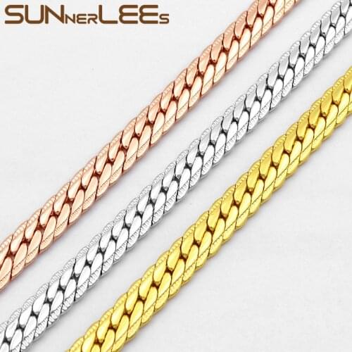 SUNNERLEES Fashion Jewelry White Rose Gold Color Necklace 6mm Herringbone Curb Chain For Mens Womens Gift C24 N