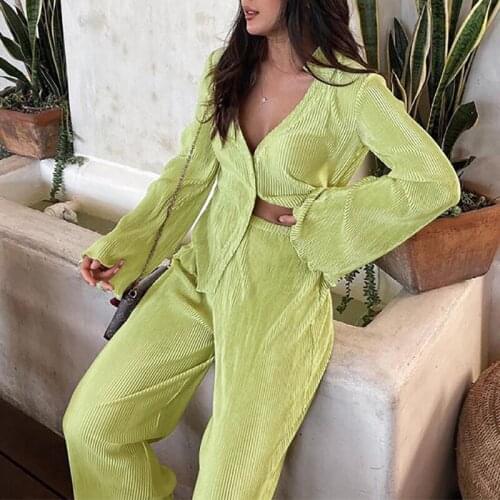 Fashion Green Pant Suits Women Two Piece Set Casual Single Breasted Women Top Ladies Straight Trousers Sexy Ladies Outfits