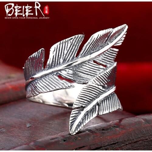 Beier sterling jewelry 2015 fashion feather shape opening ring man and women ring wedding ring D0864