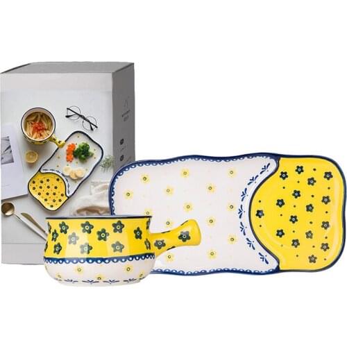 Japanese Creative one person Dish Tableware set ceramics rectangular tray with handles handle oatmeal Salad bowl breakfast Plat