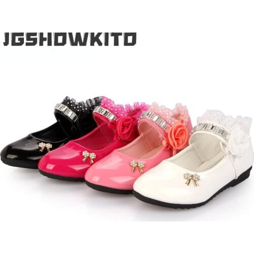 2021 Spring Autumn New Fashion Girls Shoes Patent PU Leather Rhinestone Beading Floral Lace Princess Kids Single Shoes