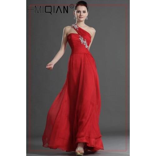 New Arrival Stylish One Shoulder Floor Length Beaded Evening Dress ,Red Chiffon Formal Gown Robe De Soiree