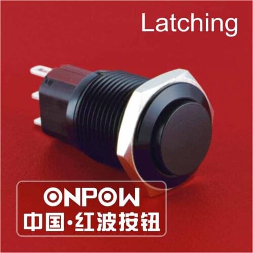 ONPOW 16mm High round IP65 Latching with fixation Black plated brass Anti-vandal Push Button Switch (GQ16-KH-11Z/J/A) CE,ROHS