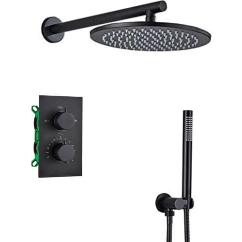 Onyzpily Black Round Thermostatic Shower Faucets Set Rainfall Shower Head With 2-way Thermostatic Mixer Tap Bath Shower Faucet