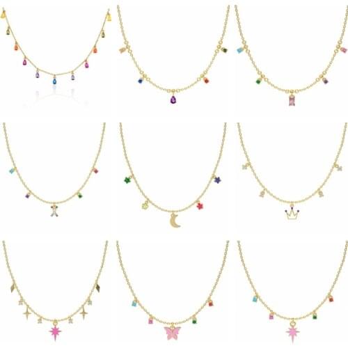 Viny Color Diamond Star Moon Real 925 Sterling Silver Necklace For Women Jewelry Enamel Butterfly Fancy Chain Choker Necklace