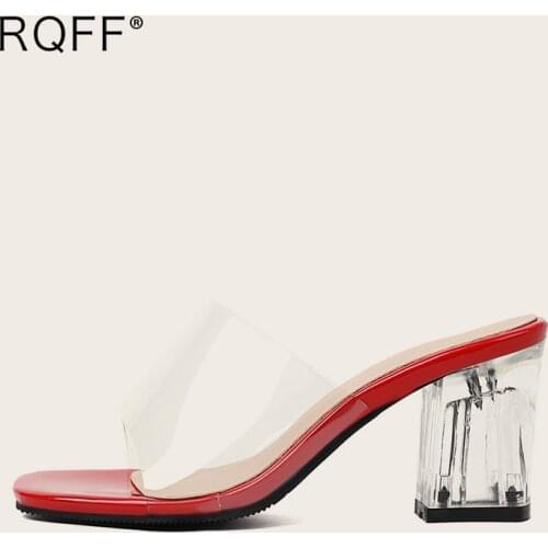 Transparent Crystal Plus Size 44 45 46 Womens Shoes 2021 Summer New Peep Toe Mules 7cm Block Heels Outside Slippers Sandals RQFF