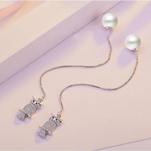 925 Sterling Silver Zirconia Owl Shaped Long Tassel Earrings Pearl Drop Earrings For Women Party Jewelry S-E392