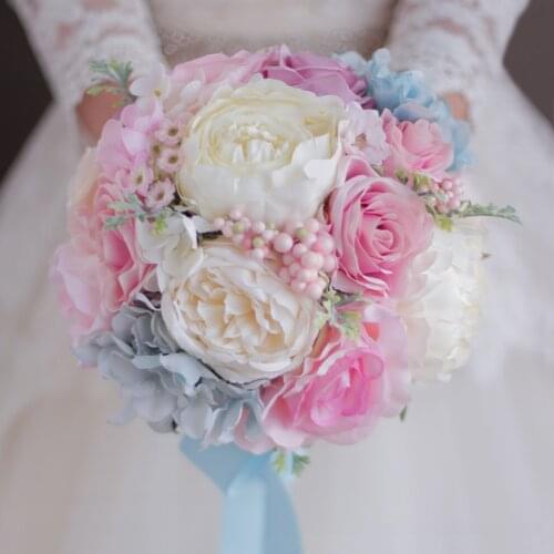Light Pink Blue Wedding Bouquet Artificial Flower Wedding Decorations Pink Rose Blue Hydrangea Bridesmaid Bridal Brides Bouquet