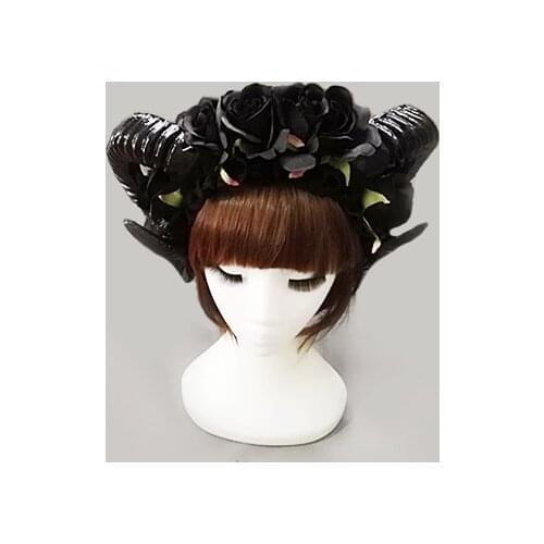 Vintage Victorian Black Roses Sheep Horns Headband Party Night Fancy Dress Lace Veil Hair Accessory Handmade