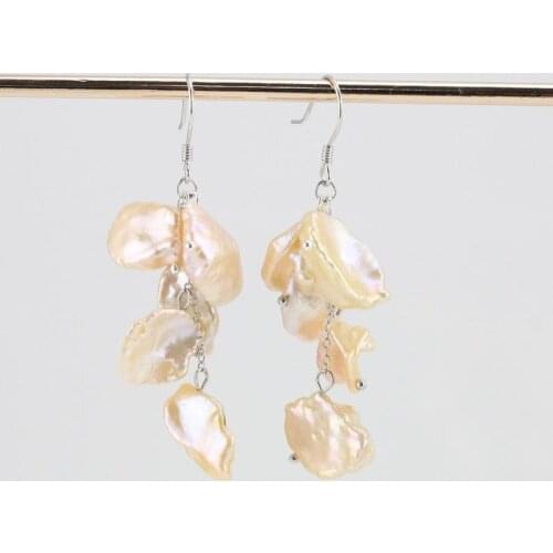 Unique Pearls jewellery Store ,Natural Orange Pink Color Keshi Pearl Earrings,Baroque Freshwater Pearl Silver Dangle Earrings