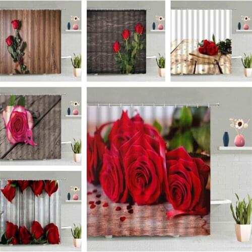 Red Rose Flower Shower Curtain Retro Wood Board Romantic Valentines Day Bathroom Hanging Curtains Waterproof Screen Home Decor