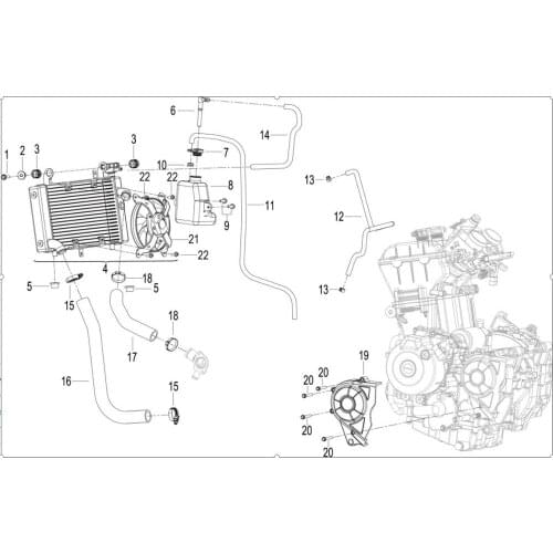 Radiator water pump reserve tank inlet hose outlet hose engine left rear cover radiator fan page Of Benelli TRK502