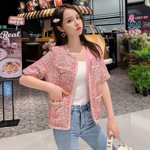 Fashion Vintage Outerwear 2021 New Women Pink Tweed Jacket Coat Runway Autuman Winter Single Breasted Weave Female