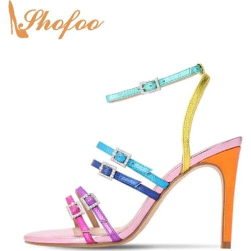 Multicolor Stiletto High Heels Women Sandals Narrow Band Buckle Crystal Large Size 15 16 Ladies Summer Fashion New Shoes Shofoo