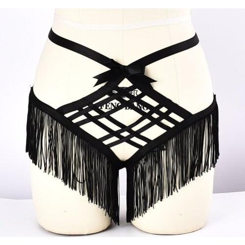 Women Sexy Tassels bow Body Harness Bottom Briefs Bondage Panties Lingerie Fetish Wear Body Harness Garter Belt Stockings
