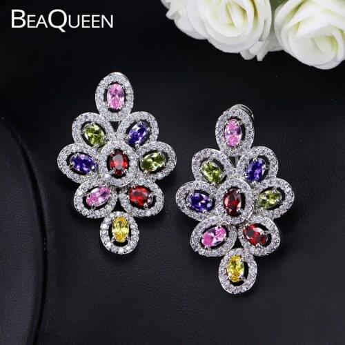 BeaQueen Elegant Big Size Zirconia Bridal Wedding Drop Earrings Inlay Oval Round Colorful CZ Crystal Women Ear Jewelry E116