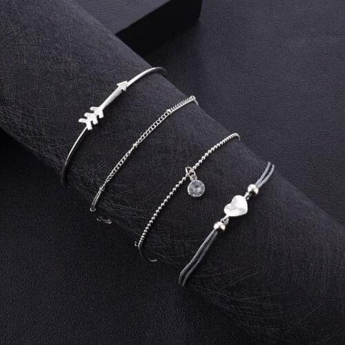 4Pcs/set Simple Silver Color Chain Bracelet Set for Women Alloy Arrow Water Droplets Zircon Heart Pendant Personality Bracelets