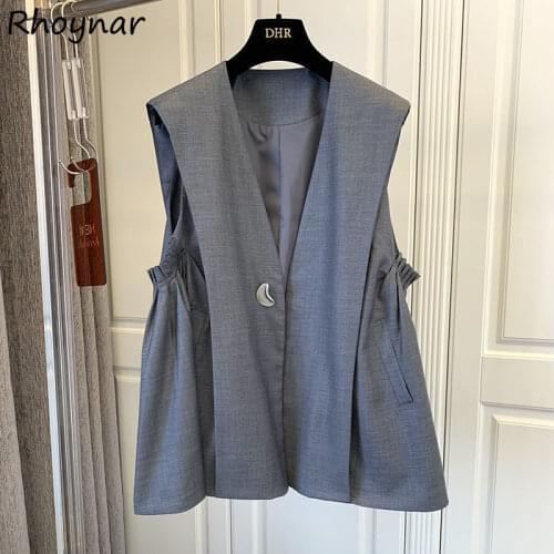 Vests Women Casual Sleeveless Vintage Fashion Button Korean Style Elegant Office Lady A-line Loose V-neck All-match Minimalist
