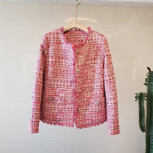Pink Tweed Jacket Coats Women Single Breasted Long Sleeve Plaid Wool Cardigans Autumn Winter Luxury Tassel Buttons Vintage B447