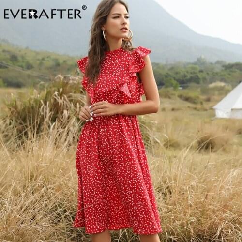 EVERAFTER Women Sleeveless Boho Dress Polka Dot Print Ruffled High Waist Summer Dress Beach Wear Chic A-line Female Long Dresses