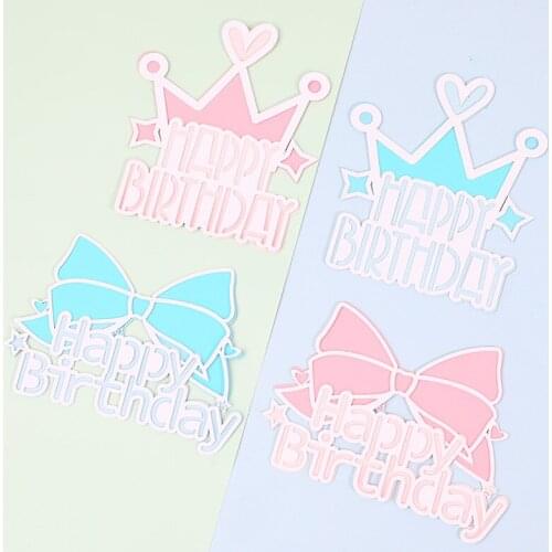 1pc Crown Bowknot Happy Birthday Pink Blue Cake Toppers For Kids Gifts Birthday Party Cake Decorations Baking Supplies