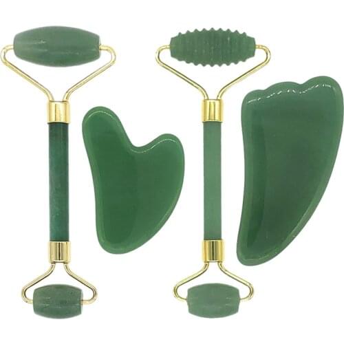 3 In 1 Aventurine Quartz Jade Roller Face Gouache Scraper Facial Anti Wrinkles Shaping Lifting Massager Gua Sha Massage Tool Set