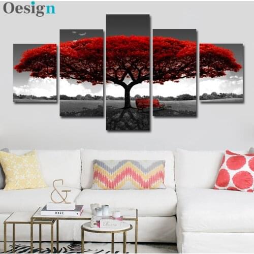 5 Panels Abstract Red Tree Oil Paintings Print On Canvas Posters And Prints Landscape Wall Art Pictures Home Wall Decor No Frame